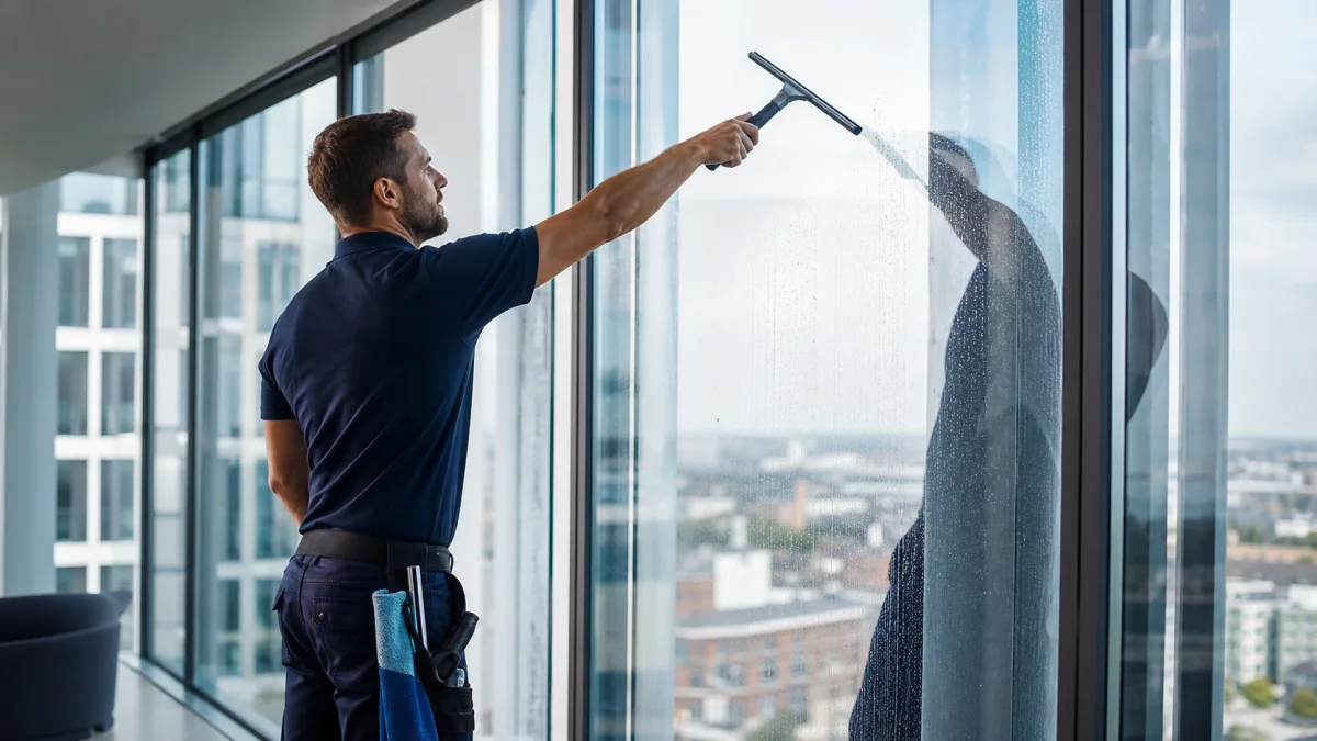 Professionelle Glasreinigung an bodentiefen Fenstern